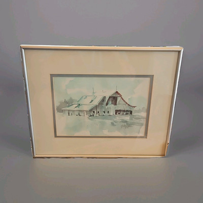 J. Dunker Signed 1951 Watercolor Barn Landscape Painting on Paper Matted Framed
