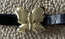 Rare 70s Alexis Kirk Butterfly Gold Plated Buckle Ink Snake Skin Adjustable Belt