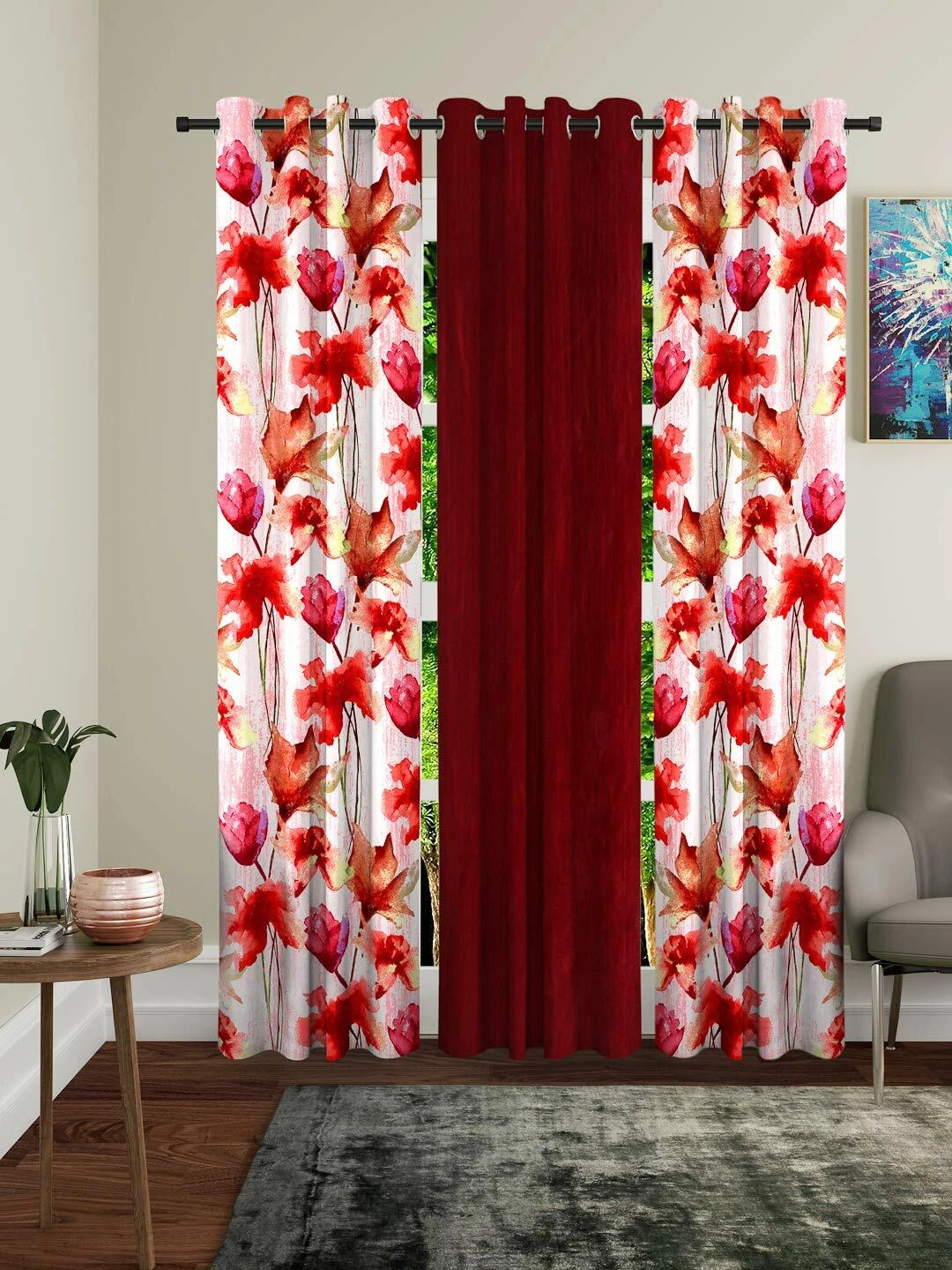 New 3 Piece Eyelet Polyester Door Curtain Set - 7 feet Maroon