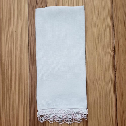 Vintage Linen Damask White Tea Towel, Cotton Kitchen Towel, Lace, Table