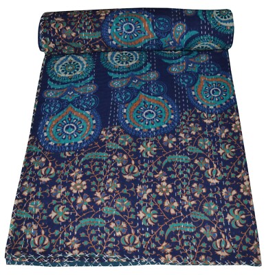 Indian Mandala Printed Bedspread Cotton Twin Kantha Quilt Multi Throw Gudari