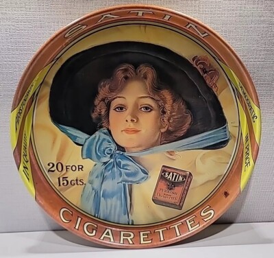 Vintage Satin Cigarettes 20 For 15 Cent Metal Serving Tray 13 3/4” D  Collectable
