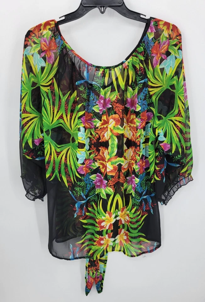Top para mujer Roz and Ali Plus 2X colorido floral hawaiano tropical manga 3/4 Foto 2 de 4