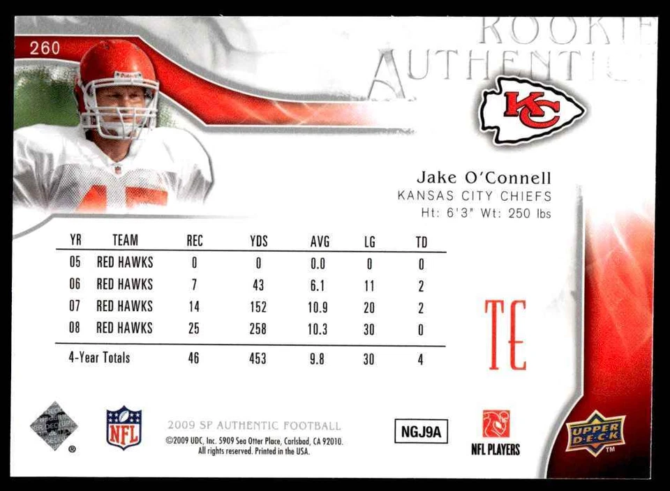 2009 SP Authentic Jake O'Connell Rookie 666/999 Kansas City Chiefs #260 R54 - Image 2 of 2