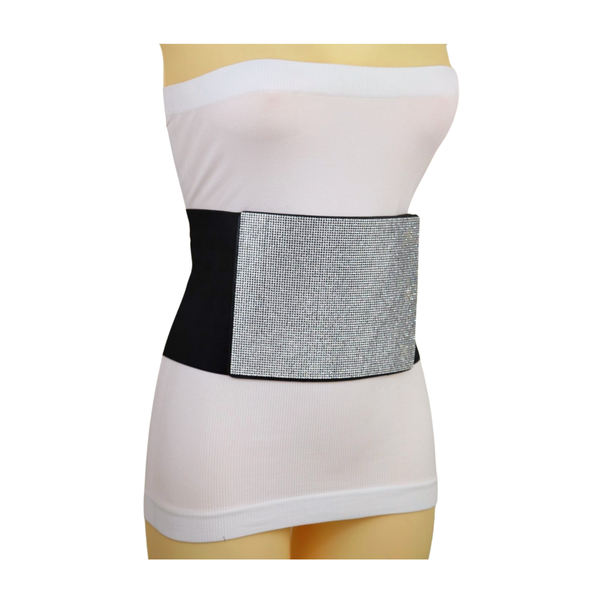 Women Black Elastic Waist Corset Wide Belt Shiny Bling 