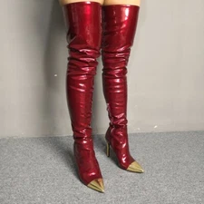 Fashion Women Over the Knee Boots Stiletto Heels Wine Red Shoes Woman Size 15