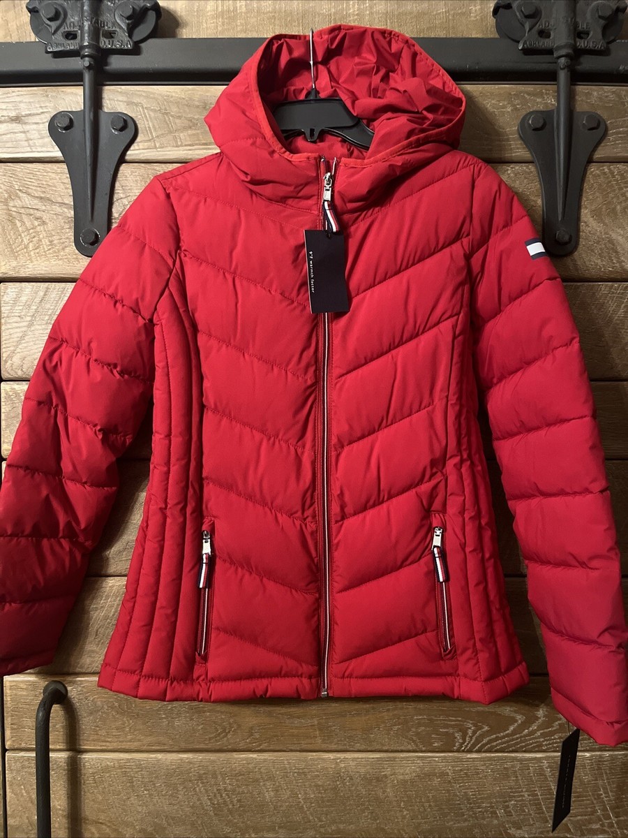 Tommy Hilfiger Puffer Red Quilted Jacket With Hood Woman Size Small New