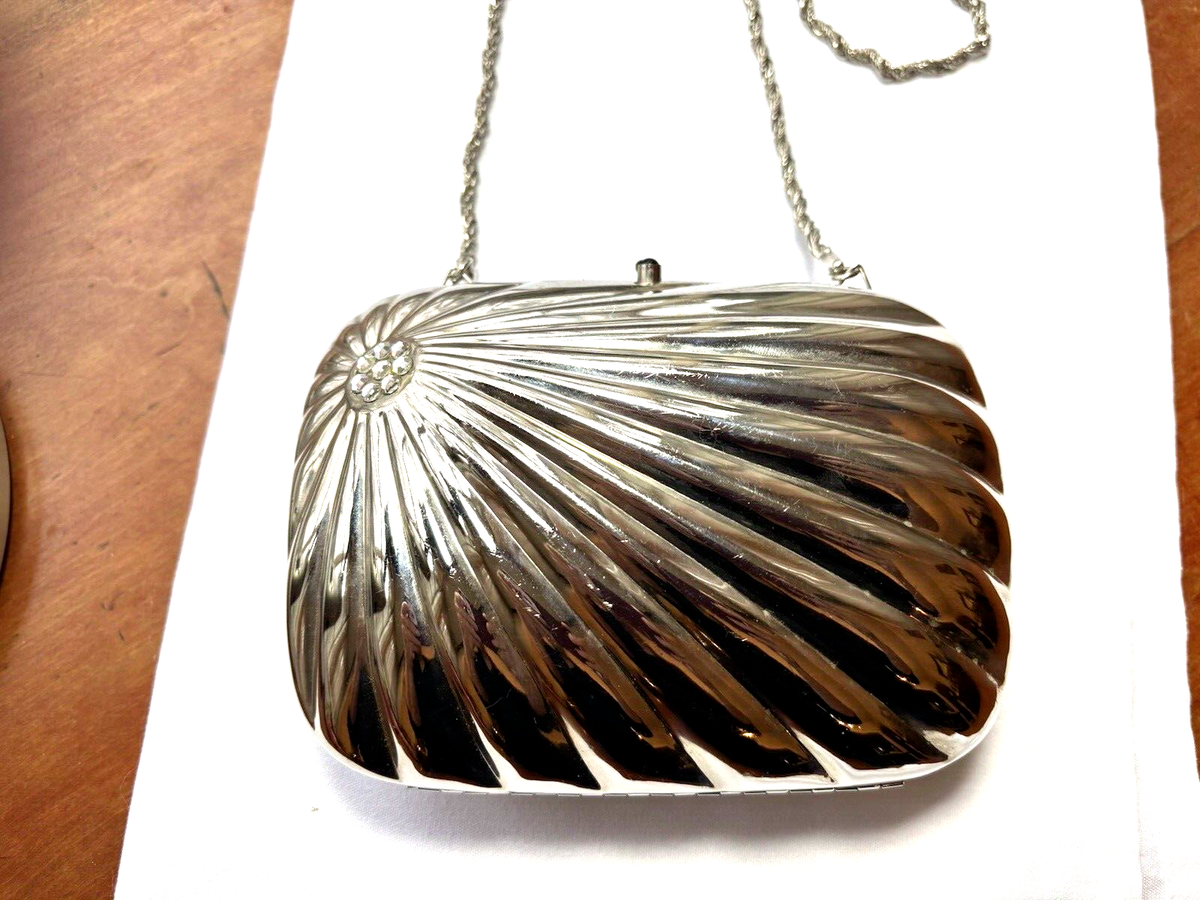 Vintage SAKS FIFTH AVENUE Silver Tone Shell Clutch,shoulder