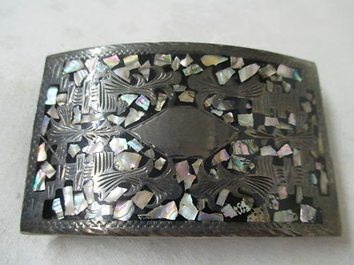 Vintage Guad Mexico Sterling 925 Belt Buckle Mother of Pearl 