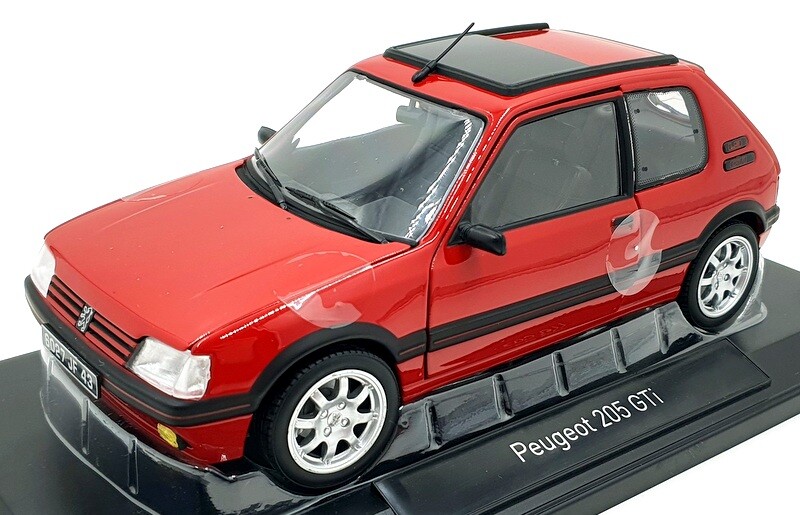 Voiture sportive PEUGEOT 205 GTI de 1986 couleur rouge avec une échelle de 1/43 conçu par NOREV sur