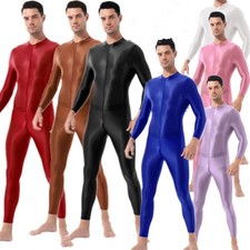 Mens Smooth Bodysuit Full Body Jumpsuit One-piece Oil Glossy Zipper Leotard US