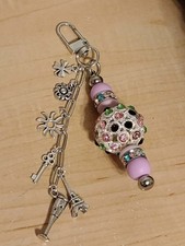 Handmade Bag Charms Keychain Purse Accessories Gift Silver Rhinestones Pink Key