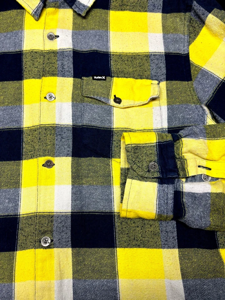 Camisa Hurley Para Hombres Botón Delantero Manga Larga Algodón Amarillo Azul Marino A Cuadros Mediana M Foto 2 de 4