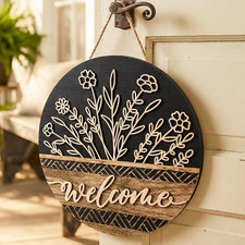 3D Brown Flower Welcome Door Sign Spring Wild Floral Wooden Hanging Sign Rustic
