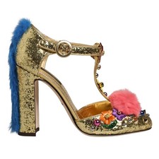 Dolce & Gabbana Shoes Gold Fur Trim Glitter T-strap Sandals Eu37.5 / Us7 1250usd