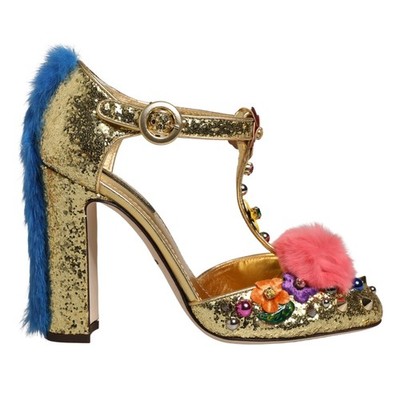 DOLCE & GABBANA Schuhe Gold Fellbesatz Glitzer T-Riemen Sandalen EU36/US5,5 1...