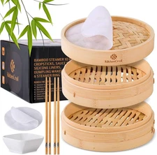 Bamboo Steamer Basket for Chinese Asian Cuisine - 2 Tier 10-Inch Steaming Basket