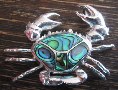 Krebs Anhänger 925 Silber Paua Muschel beweglich 3D Krabbe Crab Pendant Sea Life