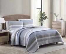 Nautica Home Twin Quilt Set Blue Gray Cream Striped Bedding 2 Pc New 1 Shame