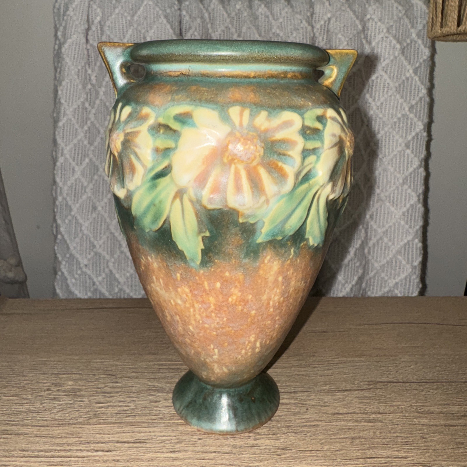 Roseville Dahlrose Standing Vase 365-8 Bright Teal Glaze Circa 1928