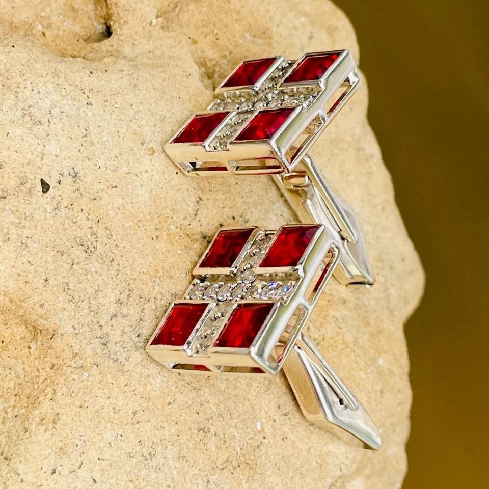 Luxury Men's Silver Cufflinks with Red Ruby & White CZ Stones, Formal Wear Gift - Image 4 of 4