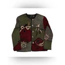 Vtg Red Green Toggle Button Up Textured Patchwork Embroidered Cardigan Women XL