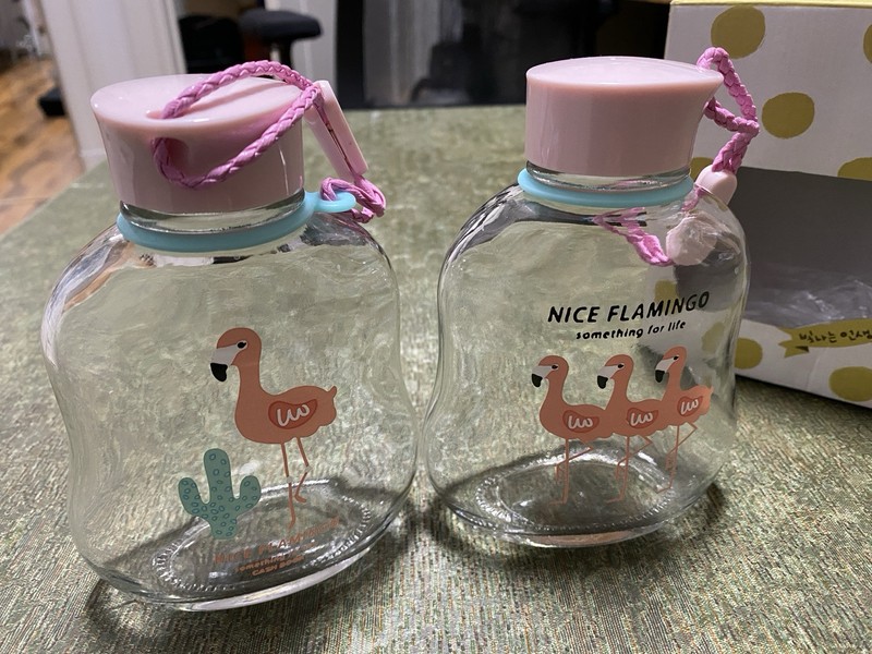 Two Flamingo Water/Juice Glass Bottles with Silicon Ring Lids - 300ml -Reusable