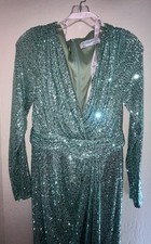 Ieena for Mac Duggal Green Sequin V-Neck Long Sleeve Maxi Dress 6