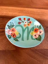 Monogram "M" Trinket Ring Dish: Turquoise Floral Painted Wood 5"x4.5"