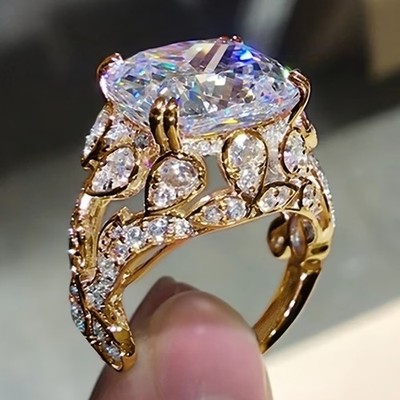 3CT Cushion Cut Lab Created Diamond Engagement Ring Gold Plated SZ 5.25 Bridal