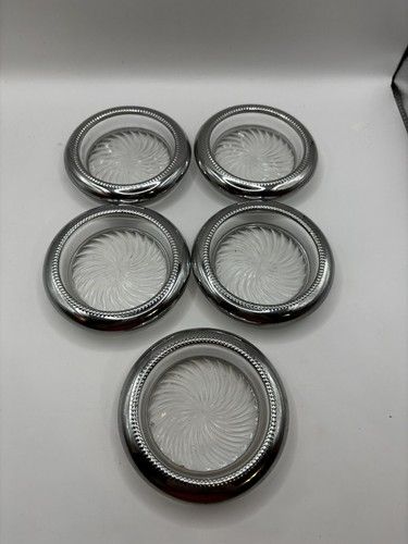 Set of 5 Vintage Sterling Silver and Cut Glass Coasters Sun Burst Pattern