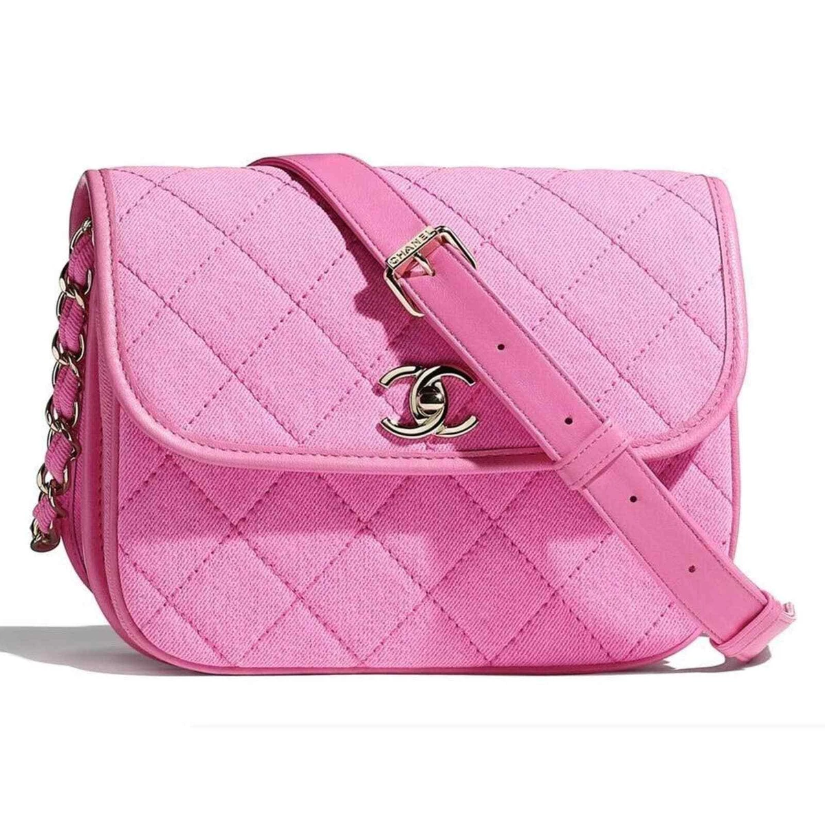 Chanel 21S Neon Pink Denim Small Messenger CC Logo Chain Shoulder Crossbody  Bag