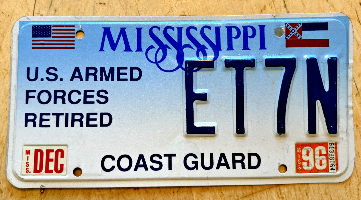 1996 MISSISSIPPI U.S. ARMED FORCES COAST GUARD AUTO LICENSE PLATE