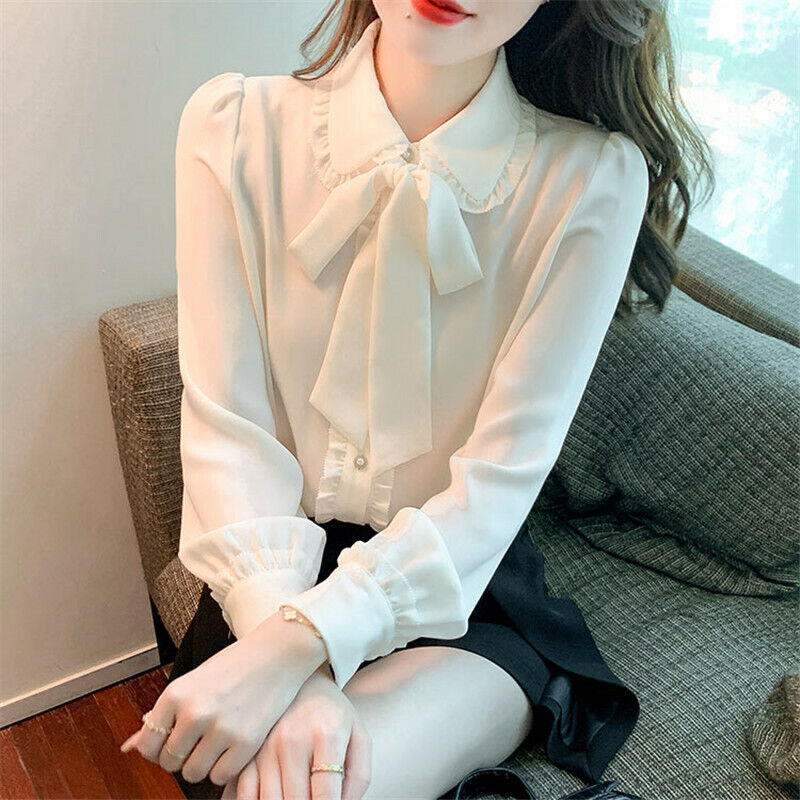 White Chiffon Ribbon Formal Shirts for Women for Women - Elegant V-Neck Pullover Top with Long Sleeves, Bow Detail, and Loose Fit