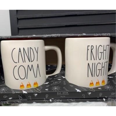 Rae Dunn HALLOWEEN Mug Set Ceramic Cup Magenta Farmhouse Candy Corn Fright Night