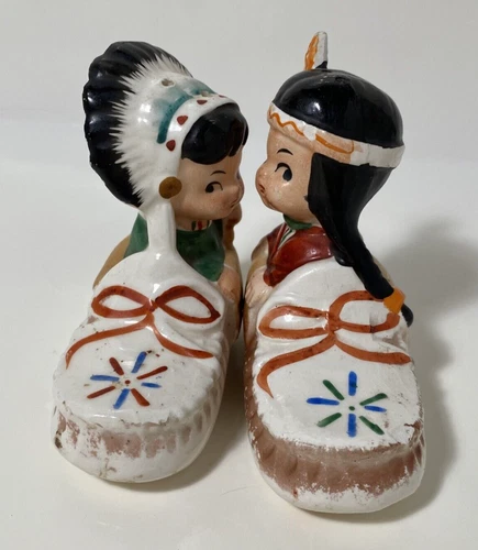 Vintage Moccasins Girl Boy Salt And Pepper Shakers Japan Hand painted