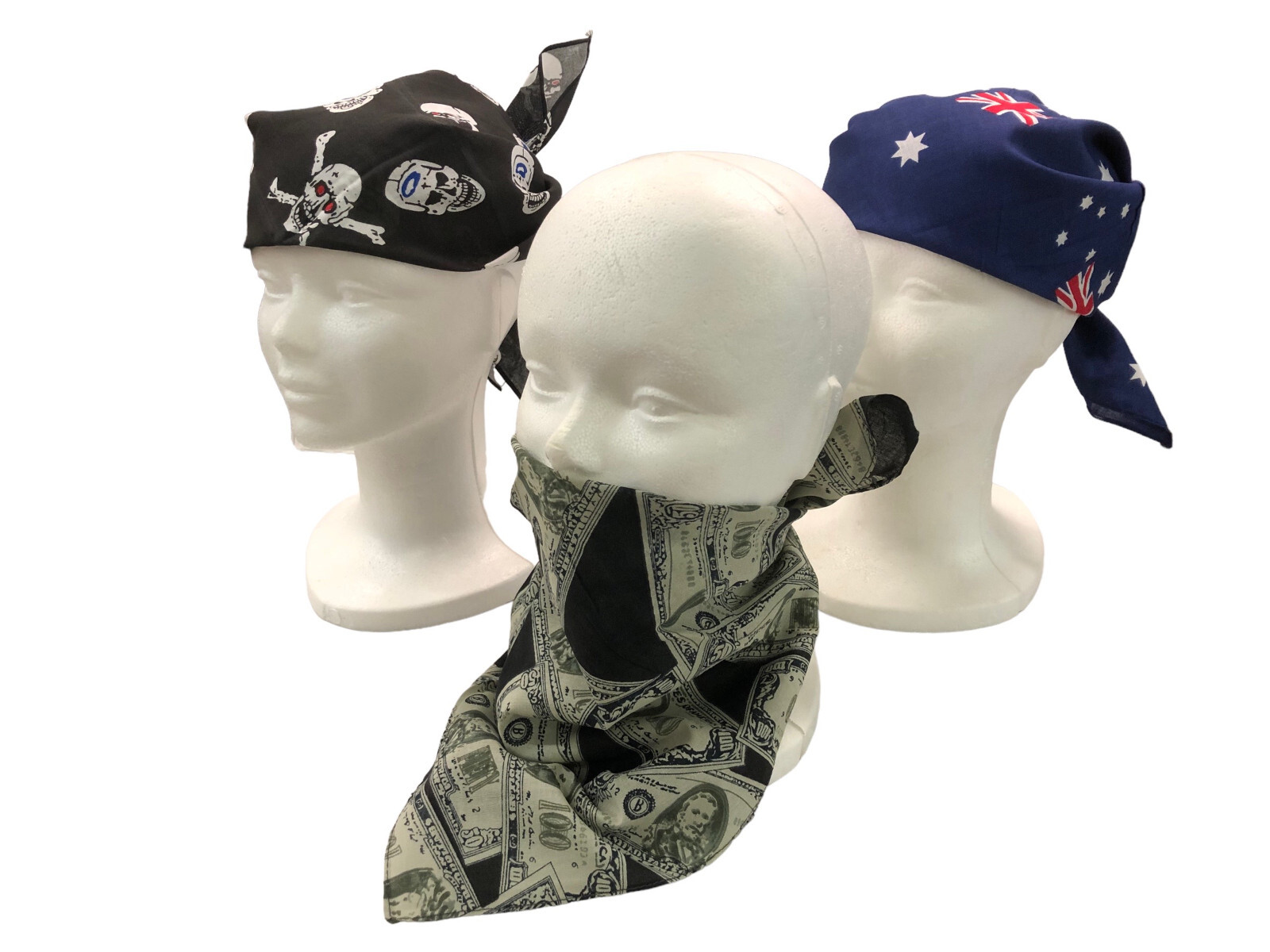 3 BANDANE COTONE TESCHI PIRATA BANDIERA INGLESE DOLLARI BANDANA SOTTOCASCO CM 54