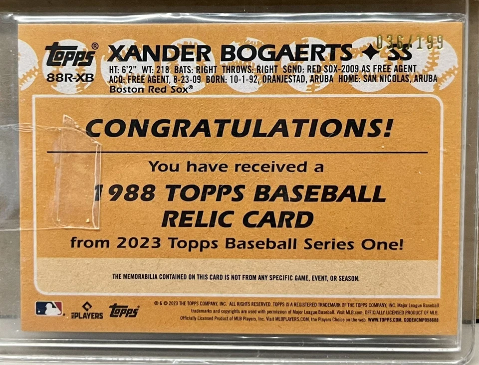 Xander Bogaerts 2023 Topps Black 36/199 1988 Bat Relic #88R-XB Red Sox - Image 2 of 2
