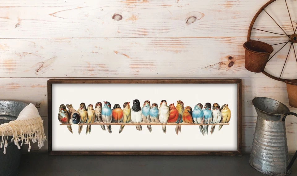 Um poleiro de pássaros em um fio - Decoração de arte de parede vintage presente estreito para amantes de pássaros - Imagem 2 de 3