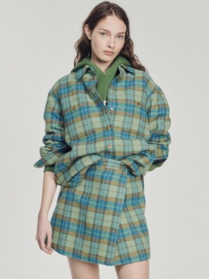 SANDRO Kenneth Checked Virgin Wool Over Shirt Quilted Gold Snaps 34￼ XS 2 $695