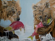Oryginalny/unikatowy obraz akryl na płótnie 30x40cm niedźwiedzie rybające