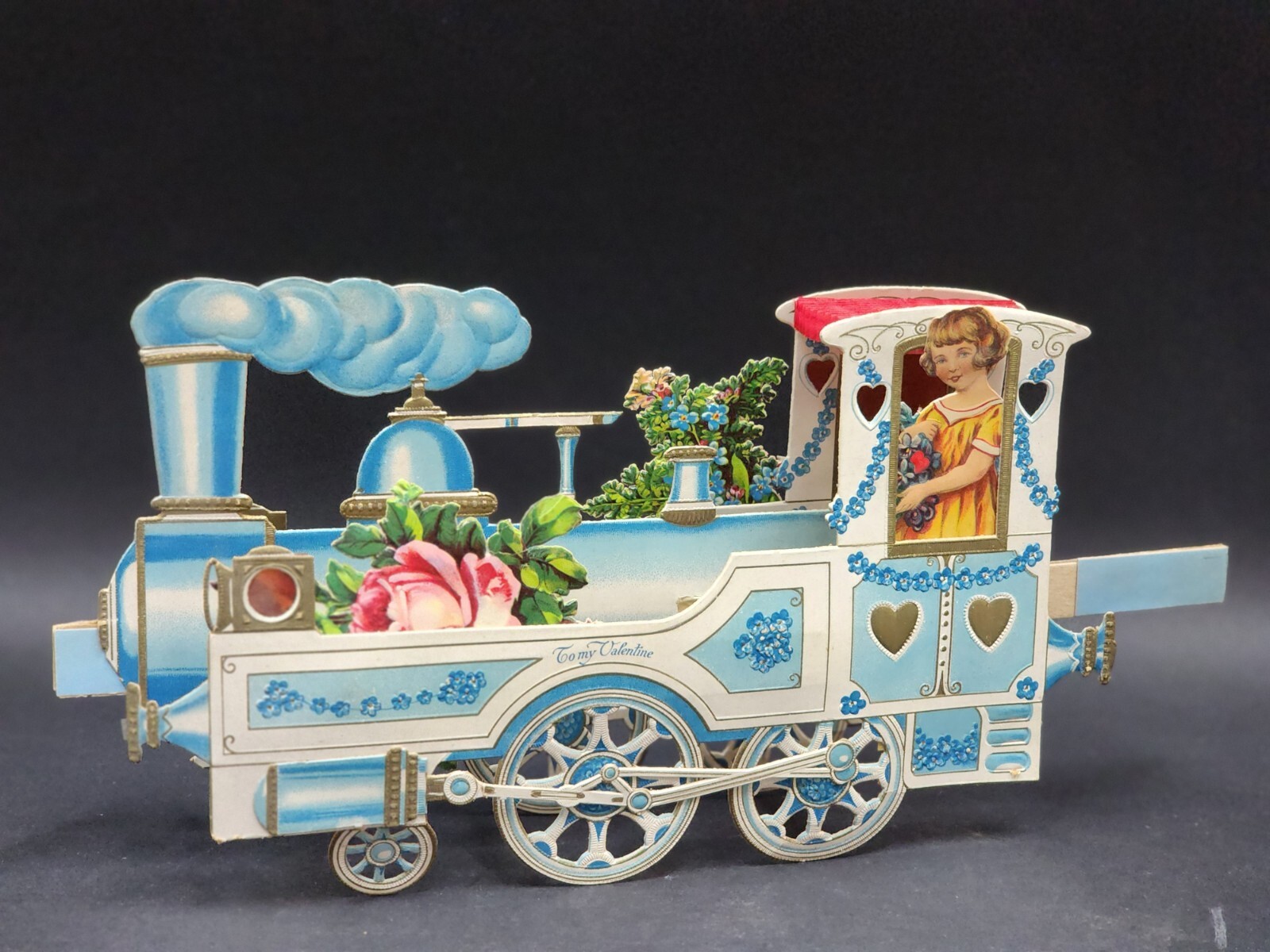 Antique 1930 Train Mechanical Valentines Day Card 3D Victorian Style Automotive