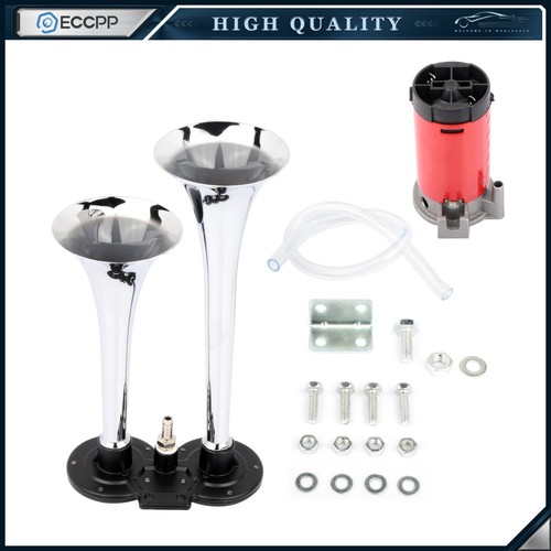 12V Chrome Super Loud Dual Trumpet Train Air Horn System Kit Car/truck