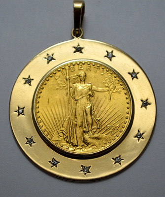 RARE 1927 Gold $20 Coin In 14K Yellow Gold Diamond Pendant  G