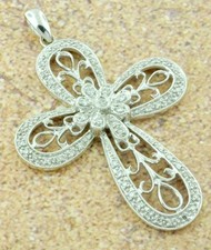14k Solid White gold Natural Diamond Cross pendant 0.30 ct filigree design