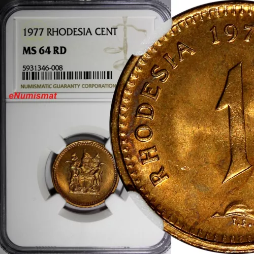 Rhodesia Bronze 1977 1 Cent NGC MS64 RD NICE FULL RED TONING KM# 10 (008)