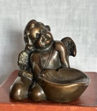 Antique 1910s Weidlich Bros Cupid cherub angel heart pewter incense holder