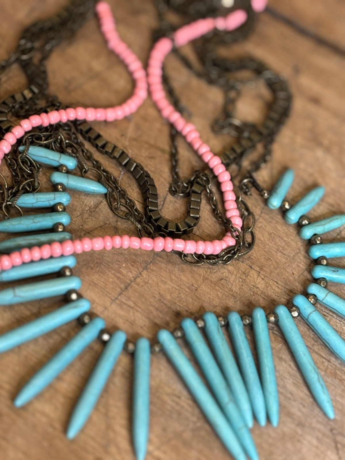 Layered Statement Necklace With Turquoise Spike B… - image 2