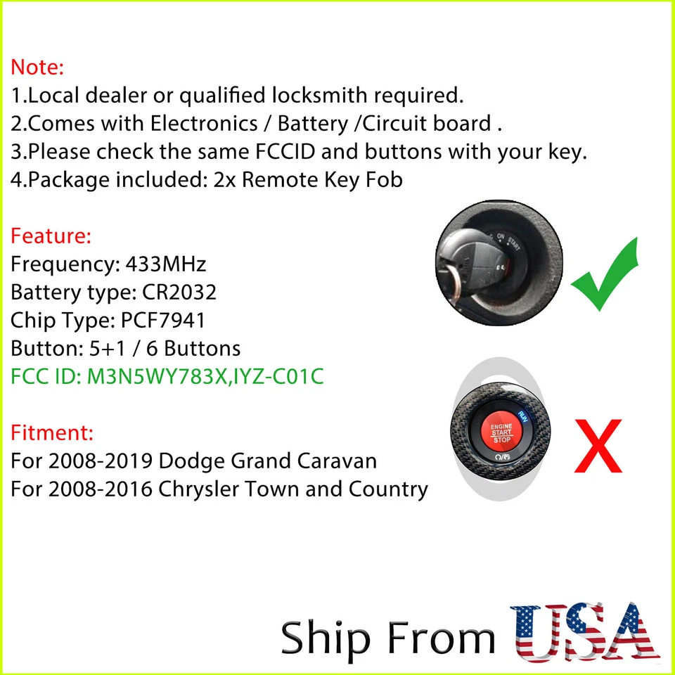 2 para Chrysler Town & Country Dodge Grand Caravan 2008-2016 mando a distancia furgoneta llavero Foto 2 de 4