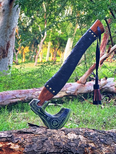 CUSTOM HANDMADE ENGRAVED VIKING AXE HIGH CARBON STEEL WITH FREE LEATHER SHEATH - Picture 5 of 5